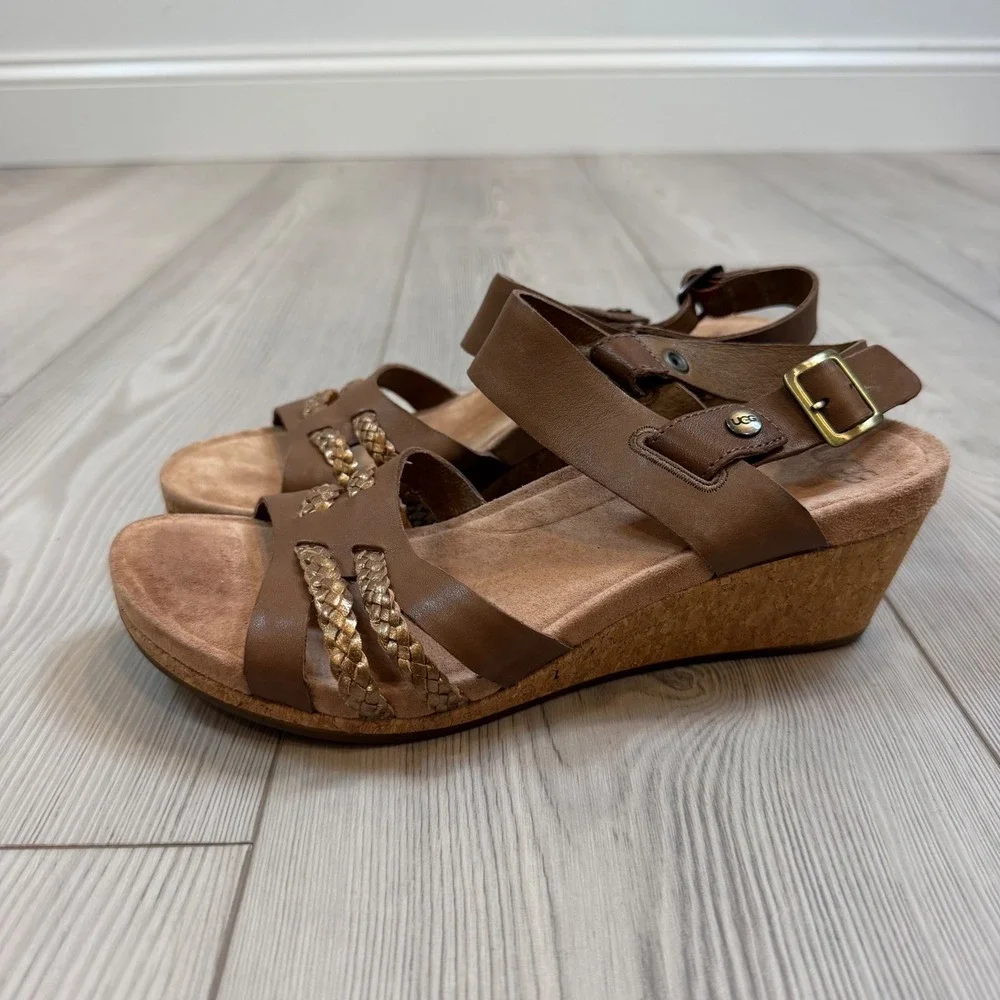 UGG Serinda Brown Leather Metallic Braid Cork Wedge Sandals 1010167 Womens 8